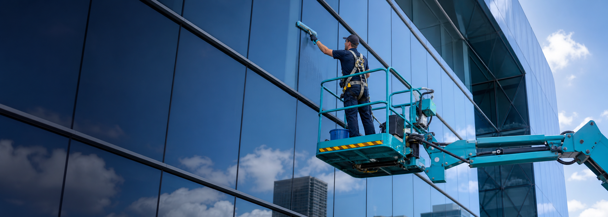 Commercial window cleaner working from an elevated platform