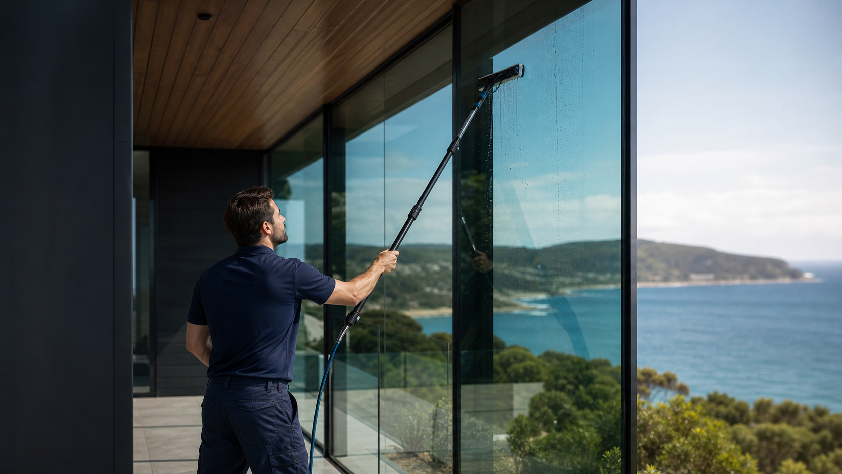 Pristine Sheen window cleaner working on a modern glass property